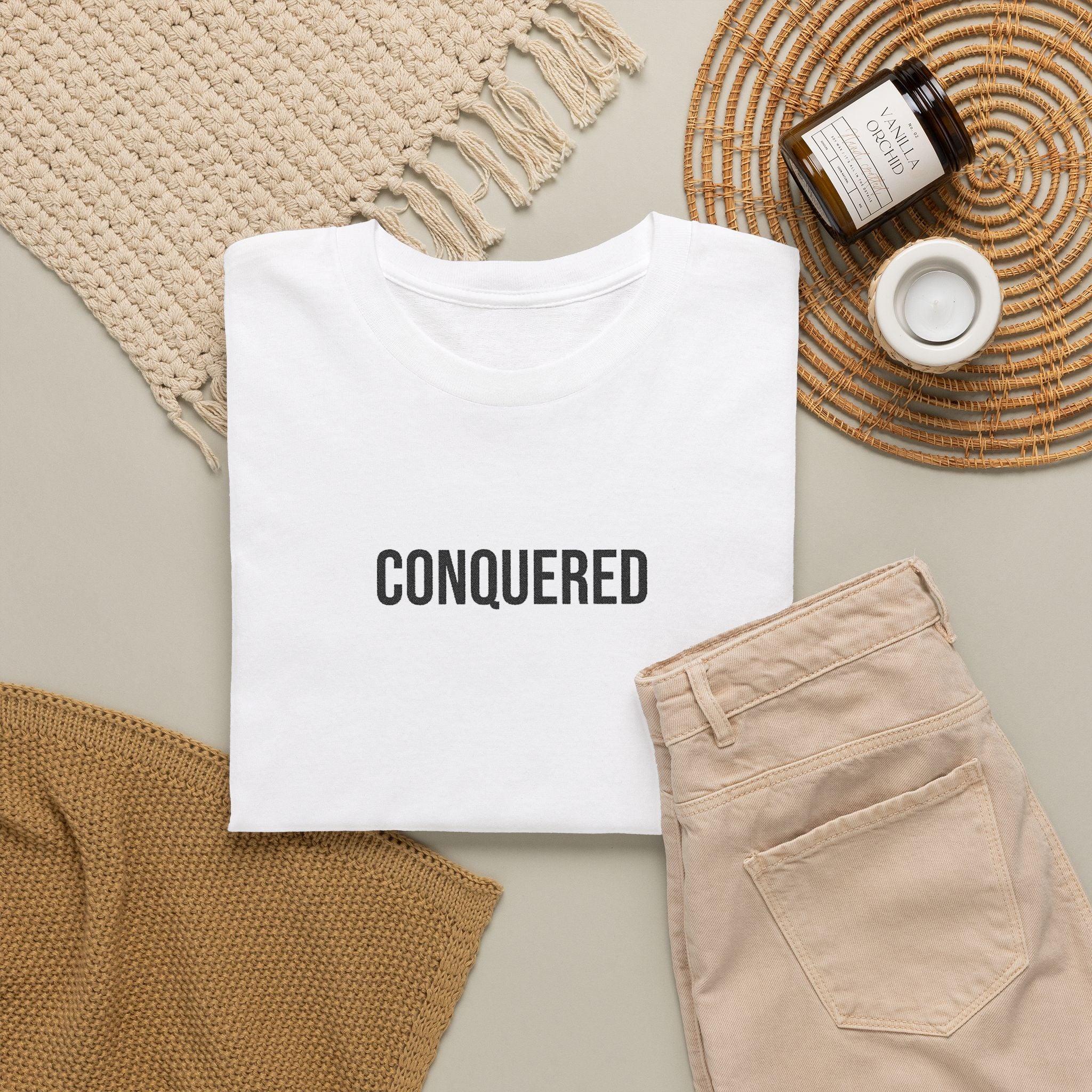 Conquered Tee — Minimal Motivational Graphic T-Shirt