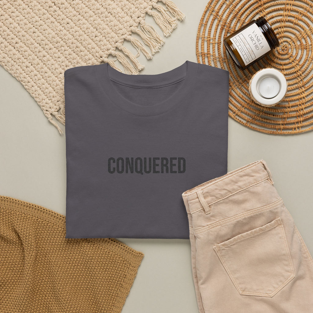 Conquered Tee — Minimal Motivational Graphic T-Shirt
