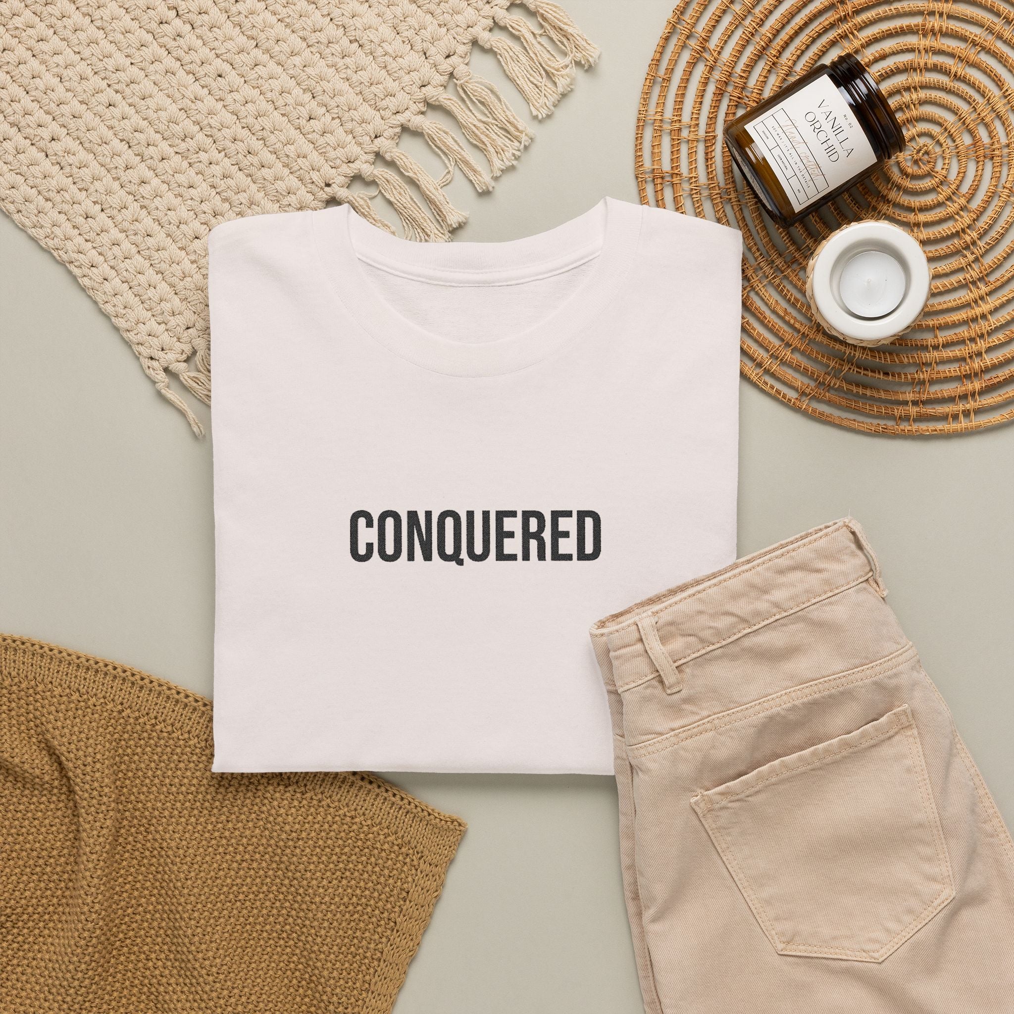 Conquered Tee — Minimal Motivational Graphic T-Shirt