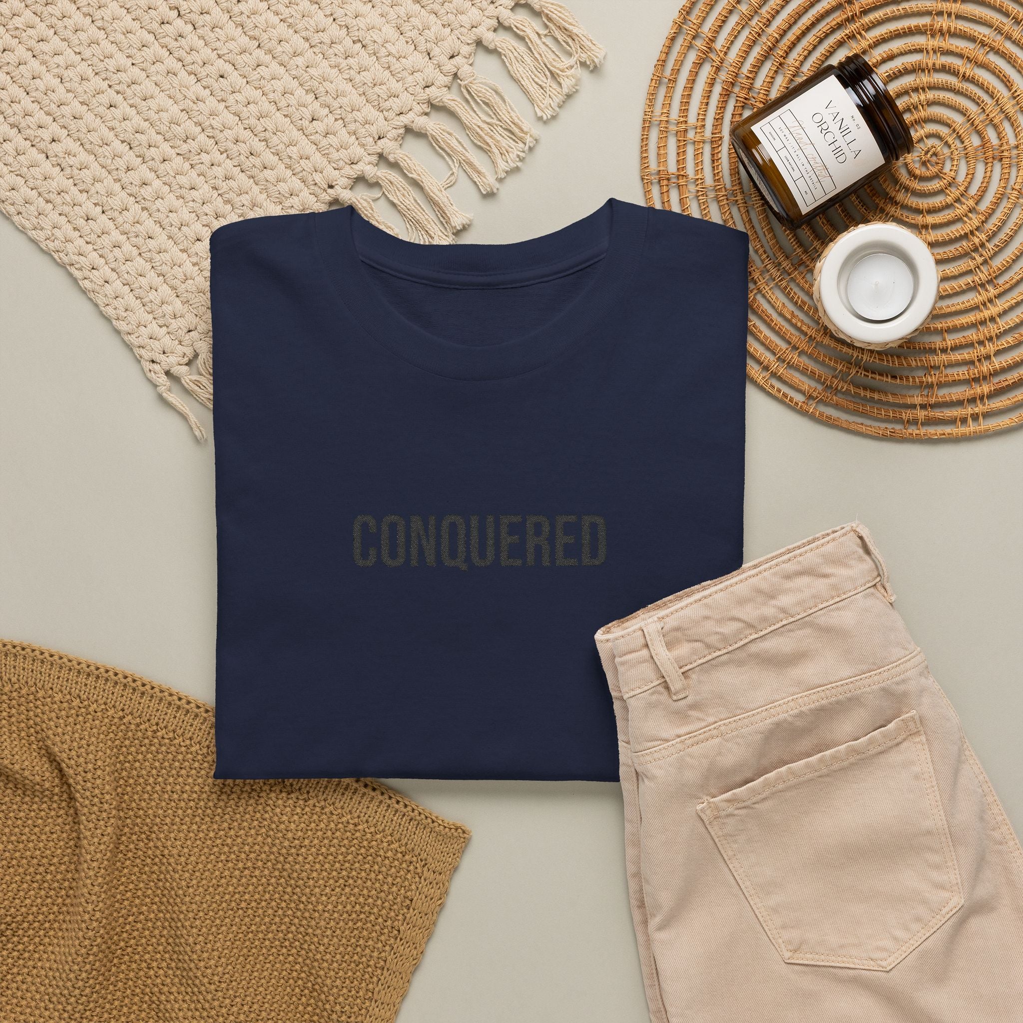 Conquered Tee — Minimal Motivational Graphic T-Shirt
