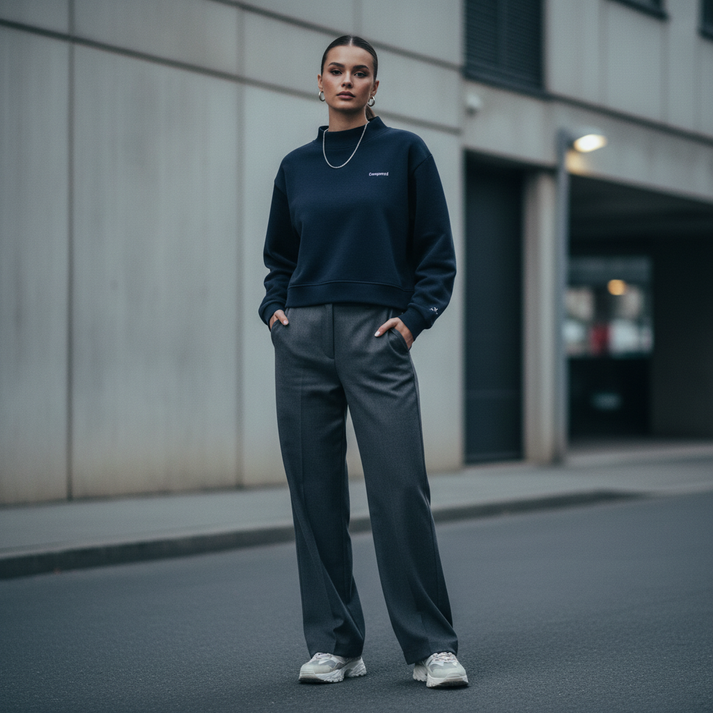 Conquered Navy Blue Mock-Neck Crop Sweatshirt Mockup