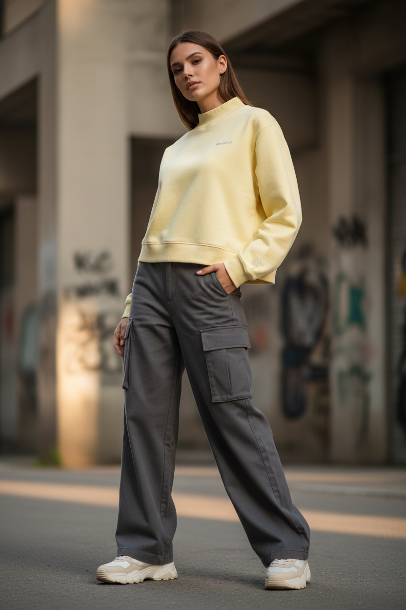 Conquered Yellow Mock-Neck Crop Sweatshirt Mockup